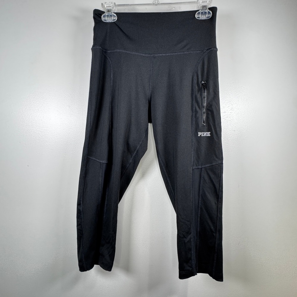 Victoria's Secret PINK Ultimate Crop Leggings Black High Waist Zipper Pocket Med